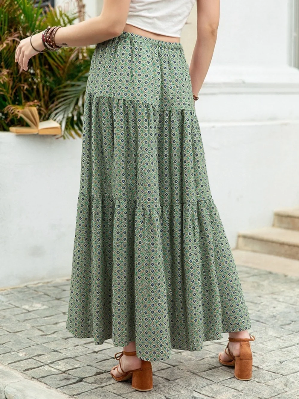 ❤️Hello Gorgeous! Boho Print Tiered Maxi Skirt- Matcha Green